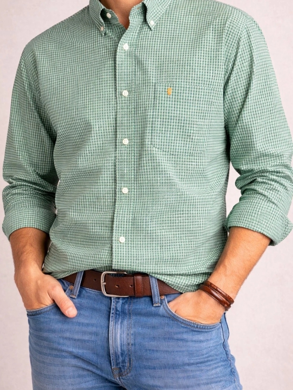 IZOD Men’s Button Down Shirt XL Green Gingham Check Non Iron Stretch Long Sleeve